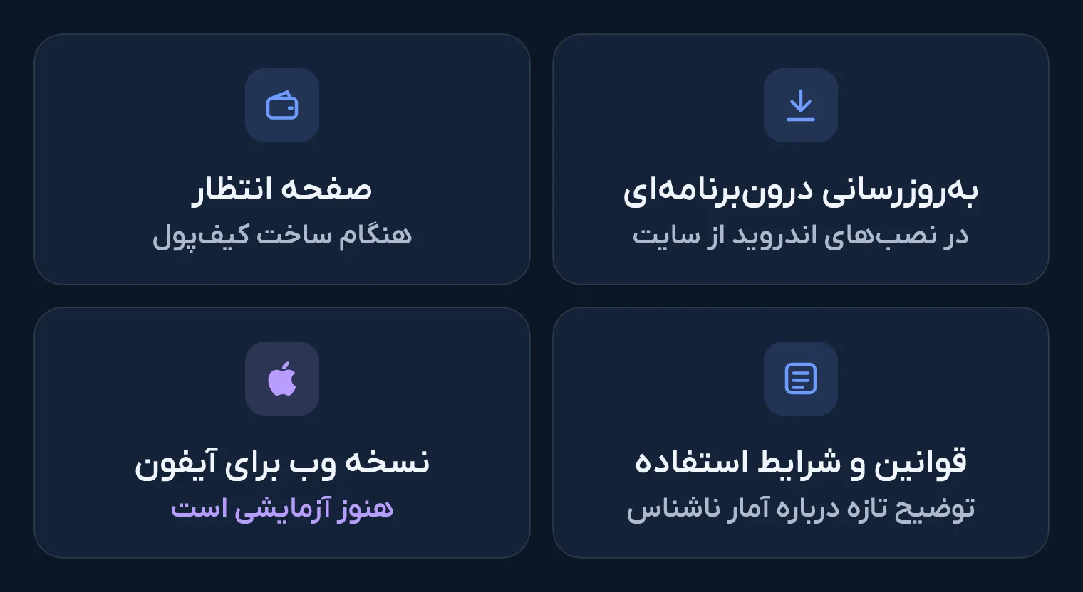 چهار کارت با مهم‌ترین تغییرات ریوا ۱.۶: به‌روزرسانی درون‌برنامه‌ای در نصب‌های اندروید از سایت، صفحه انتظار هنگام ساخت کیف‌پول، قوانین و شرایط استفاده با توضیح تازه درباره آمار ناشناس، و نسخه وب آزمایشی برای آیفون.