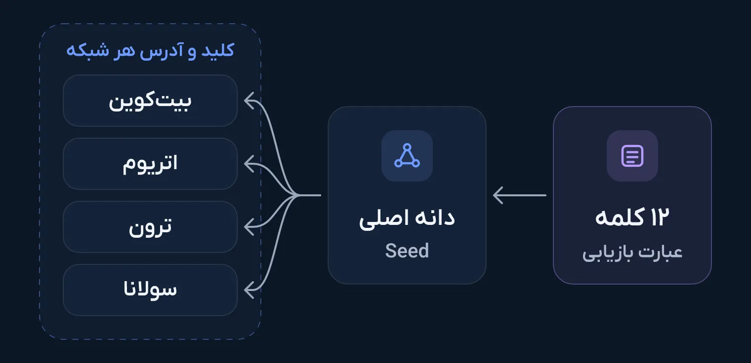 ۱۲ کلمه عبارت بازیابی به دانه اصلی تبدیل می‌شود و از آن کلید و آدرس جداگانه برای بیت‌کوین، اتریوم، ترون و سولانا ساخته می‌شود.