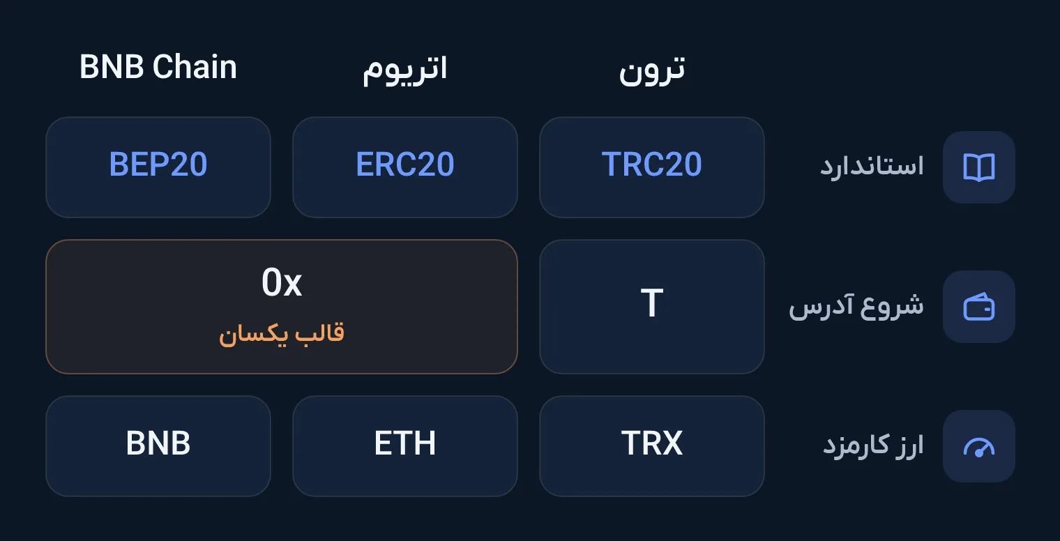 سه ستون برای ترون، اتریوم و BNB Chain با استاندارد توکن، شروع آدرس و ارز کارمزد هر شبکه، که نشان می‌دهد آدرس اتریوم و BNB Chain هر دو با 0x شروع می‌شود.